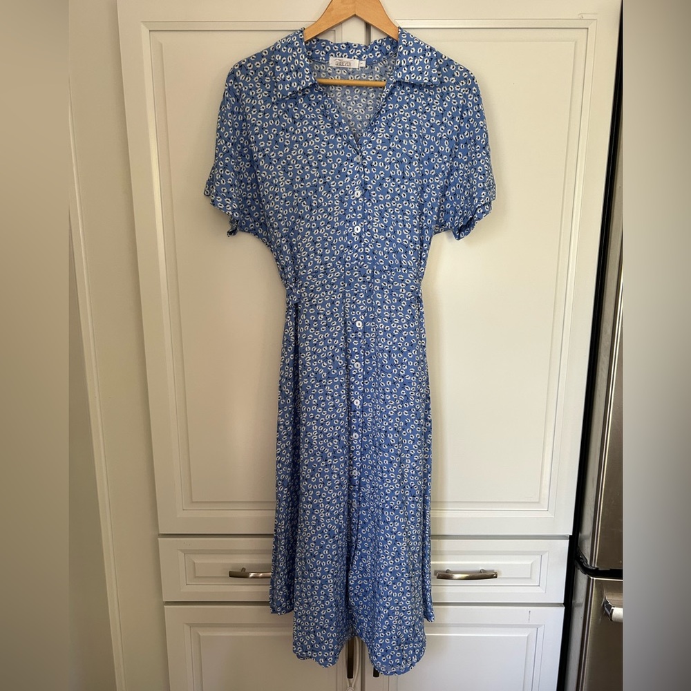 Women's Floral Button Up Neck Short Sleeve Midi Dress, Size Large